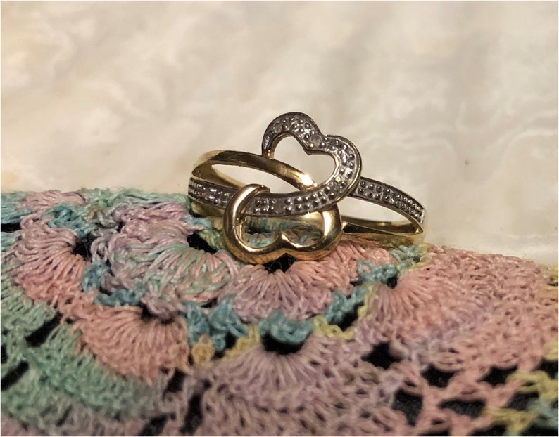 9ct Gold Double Heart Vintage Ring With 6 Diamonds Sz K 14 U.S. Sz 5 38