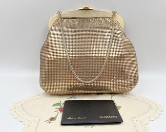 Vintage Gold Glomesh Evening Bag With Rat Tail Strap & Fold Over Clasp Australian Made Unusual Design #555 Remarkable Condition! + Mirror