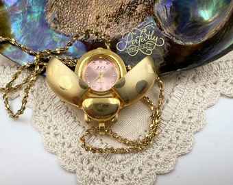 80s Ladybeetle Pretty Gold Pendant Watch With Opening Wings Battery Operated Necklace Watch Lady Beetle Bird Bug Cicada Running Beautifully