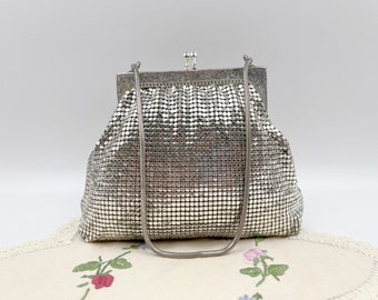 Vintage Small Silver GLOMESH Evening Bag Top Handle Crook of your Arm with Kiss Clasp Rat Tail Strap Australian Made