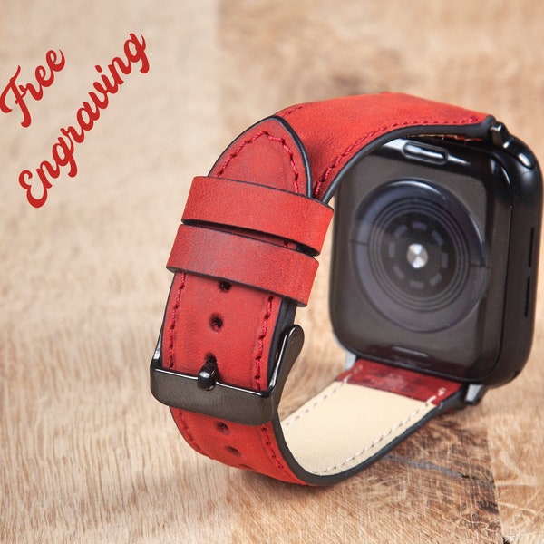 Apple Watch Strap Women 38mm 40mm 41mm Leather, Custom Apple Watch Band 42mm 44mm 45mm, Red Leather iWatch Straps, Christmas gift for wife