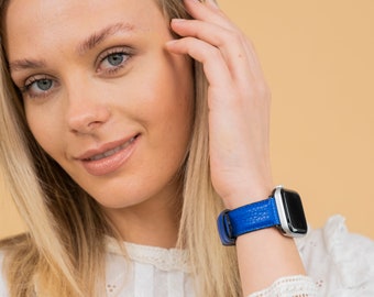 Blue Apple Watch Band 44mm 40mm Leather, Wife Birthday Engraved Gift, Apple Watch 42mm 38mm, Anniversary Gift, Best Friend Gift, Mom Gift