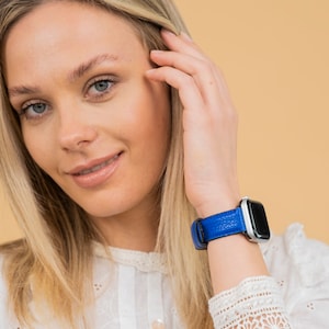 Blue Apple Watch Band 44mm 40mm Leather, Wife Birthday Engraved Gift, Apple Watch 42mm 38mm, Anniversary Gift, Best Friend Gift, Mom Gift
