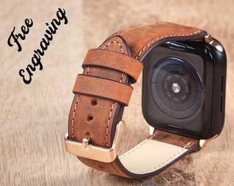 Leather Apple Watch Band 40mm 44mm Men, Engraved Apple Watch Strap 38mm 42mm Women, Custom Watch Band, Birthday Dads gift, Fathers Day gift