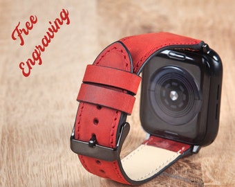 Apple Watch Strap Women 38mm 40mm 41mm Leather, Custom Apple Watch Band 42mm 44mm 45mm, Red Leather iWatch Straps, Christmas gift for wife