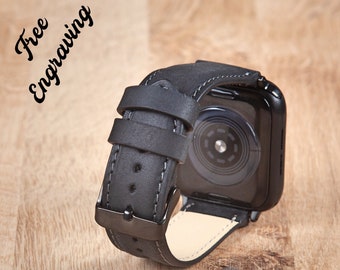 Apple Watch Band 44mm 40mm 45mm 41mm Black Leather, Unique Christmas Gifts Boyfriend, Engraved Watch Strap 38mm 42mm, Best gifts for Him