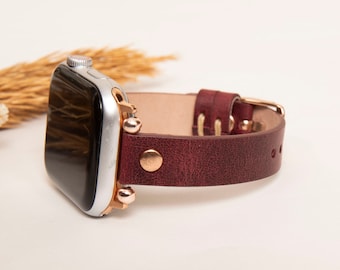 Personalized Slim Leather Apple Watch Band Womens, 41mm 42mm 44mm 45mm 40mm iWatch Straps, Cute Gift for Mom, Gift for Wife, Birthday Gift