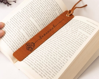 Personalized Leather Bookmark Womens, Custom Bookmark with Birth Flowers, Bookmark for Her, December Birthday Gift, Christmas Gift Women