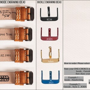 May include: A close-up of a brown leather watch band with different engraving ideas. The band has a black metal buckle. The engraving ideas include handwriting, text, dates, coordinates, and simple logos and icons. The buckle can also be engraved with text. The image includes instructions on how to order a personalized watch band.