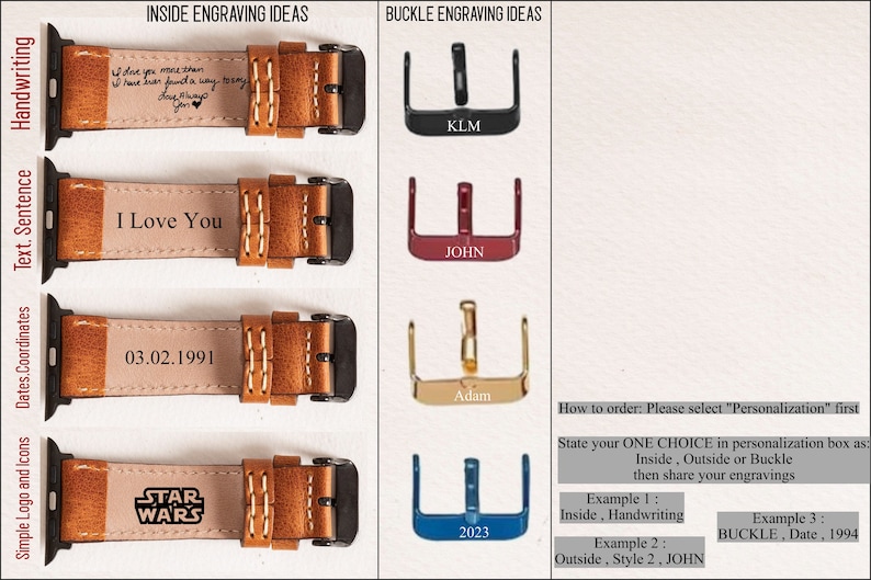 May include: A close-up of a brown leather watch band with different engraving ideas. The band has a black metal buckle. The engraving ideas include handwriting, text, dates, coordinates, and simple logos and icons. The buckle can also be engraved with text. The image includes instructions on how to order a personalized watch band.