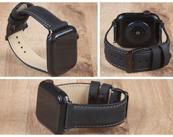 Black Leather Apple Watch Band 44mm 40mm Men, Personalized iWatch Strap 42mm 38mm, 41mm 45mm Women Watch Band, Christmas Boyfriend Dad Gift