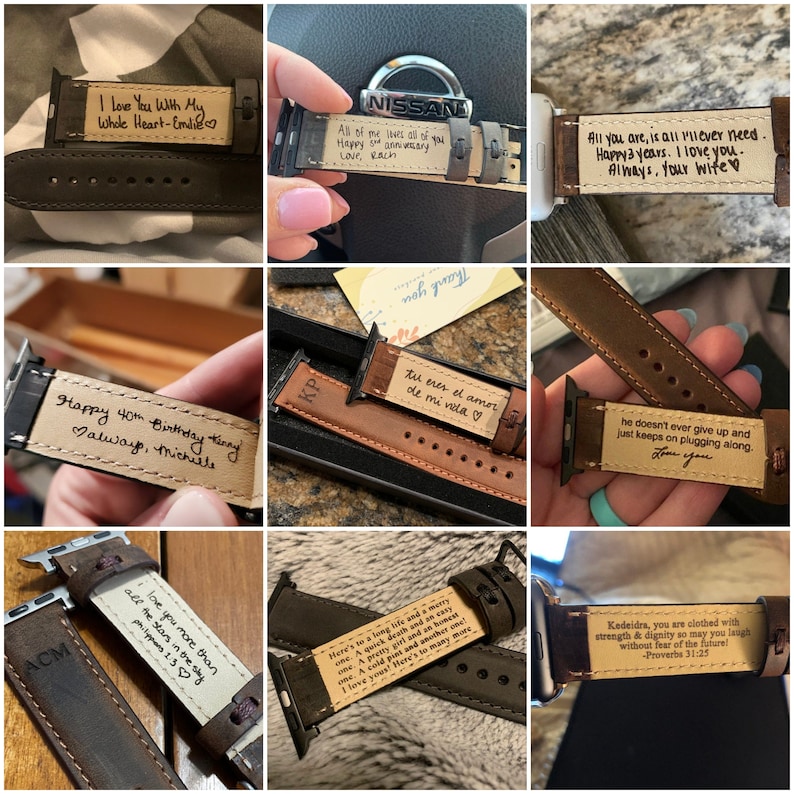 May include: Nine different Apple Watch bands with personalized messages written on them. The bands are made of brown leather and have a variety of designs and colors.
