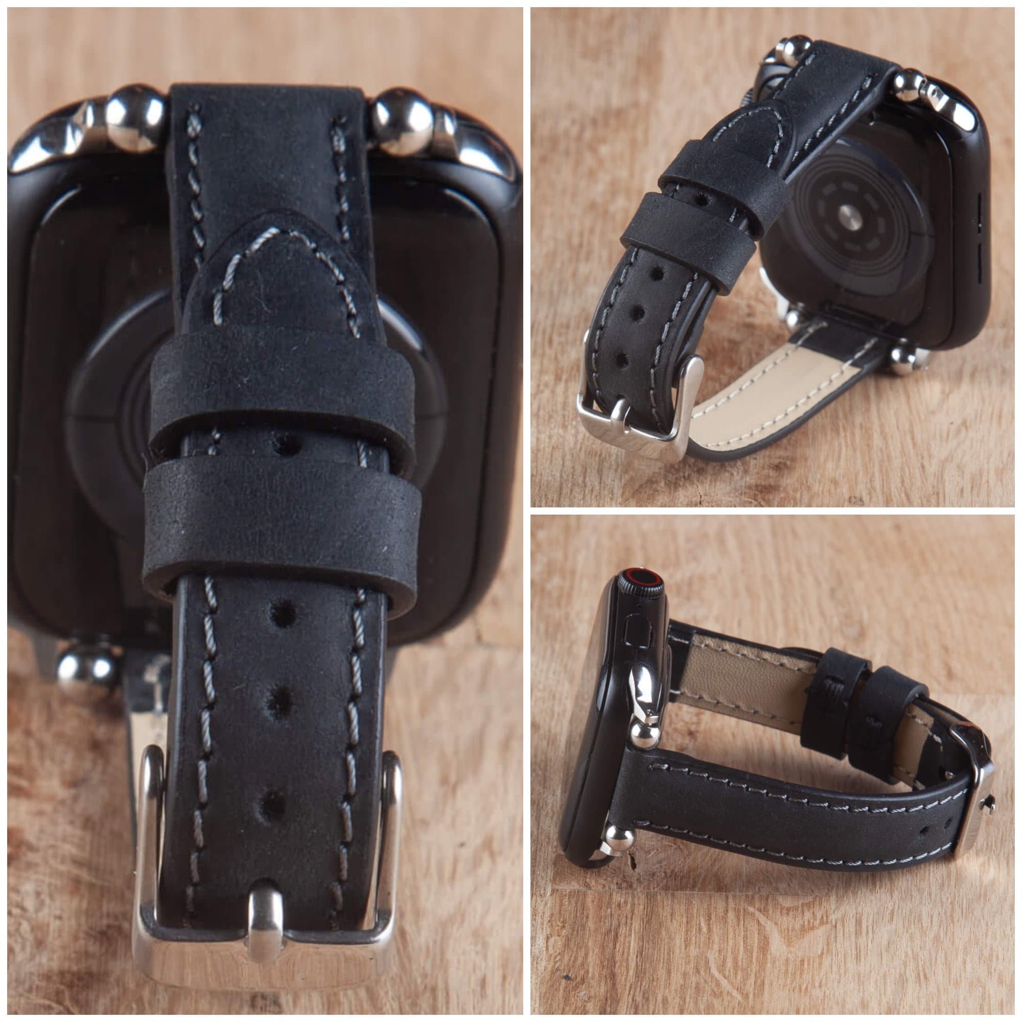 Black Apple Watch Band 44mm 42mm Mens Leather Apple Watch Etsy