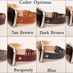 May include: Apple Watch band color options: brown, tan brown, dark brown, green, gray, burgundy, blue, and pink. Each band features a studded design with gold accents.