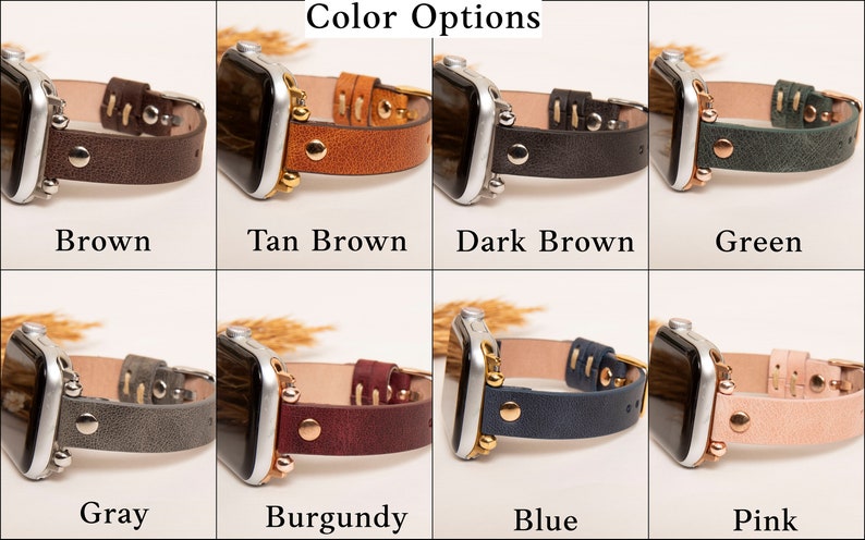May include: Apple Watch band color options: brown, tan brown, dark brown, green, gray, burgundy, blue, and pink. Each band features a studded design with gold accents.