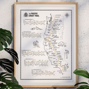 Affiche de carte PCT - Impression d'art Pacific Crest Trail, cadeau ultime pour randonneur, carte de randonnée détaillée des États-Unis, carte de randonnée PCT, cadeau pour aventuriers