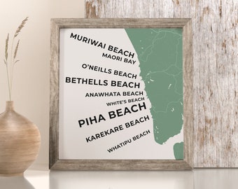 Auckland West Coast Surf Beaches, New Zealand Map Wall Art, West Coast Beaches, Free Shipping to NZ, Poster Decoration, Surf Map Beaches