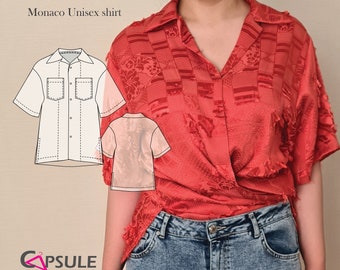 Button up shirt sewing pattern,  Short sleeve sewing pattern, Unisex bowling shirt digital sewing pattern - Monaco