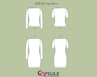Fitted bodycon top and dress sewing pattern, Long sleeve, Short sleeve knit top PDF sewing pattern - Zelda