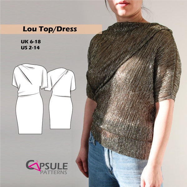 Knit top sewing pattern, Digital pattern for asymmetric top or dress -LOU