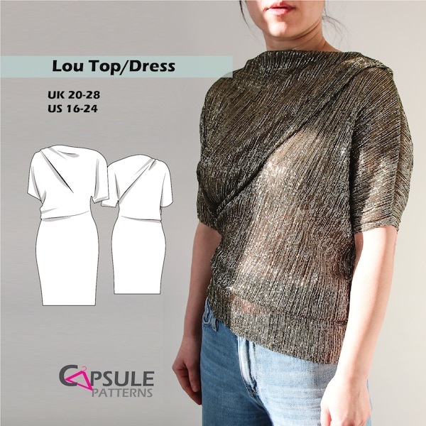 Knit top sewing pattern, Digital pattern for asymmetric top or dress -LOU
