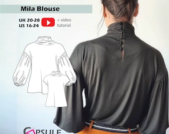 Blouse digital pattern, high neck blouse, boat neck blouse PDF sewing pattern-Mila