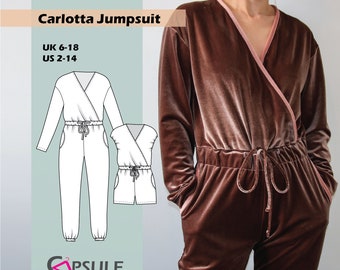 Jumpsuit sewing pattern, Romper sewing pattern, digital PDF sewing pattern for knitted fabric - Carlotta