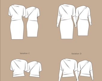 Knit top sewing pattern, Digital pattern for asymmetric top or dress -LOU