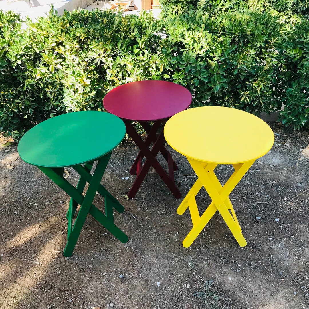 Round Coffee Table Folding Table Wood Side Table Plant Etsy