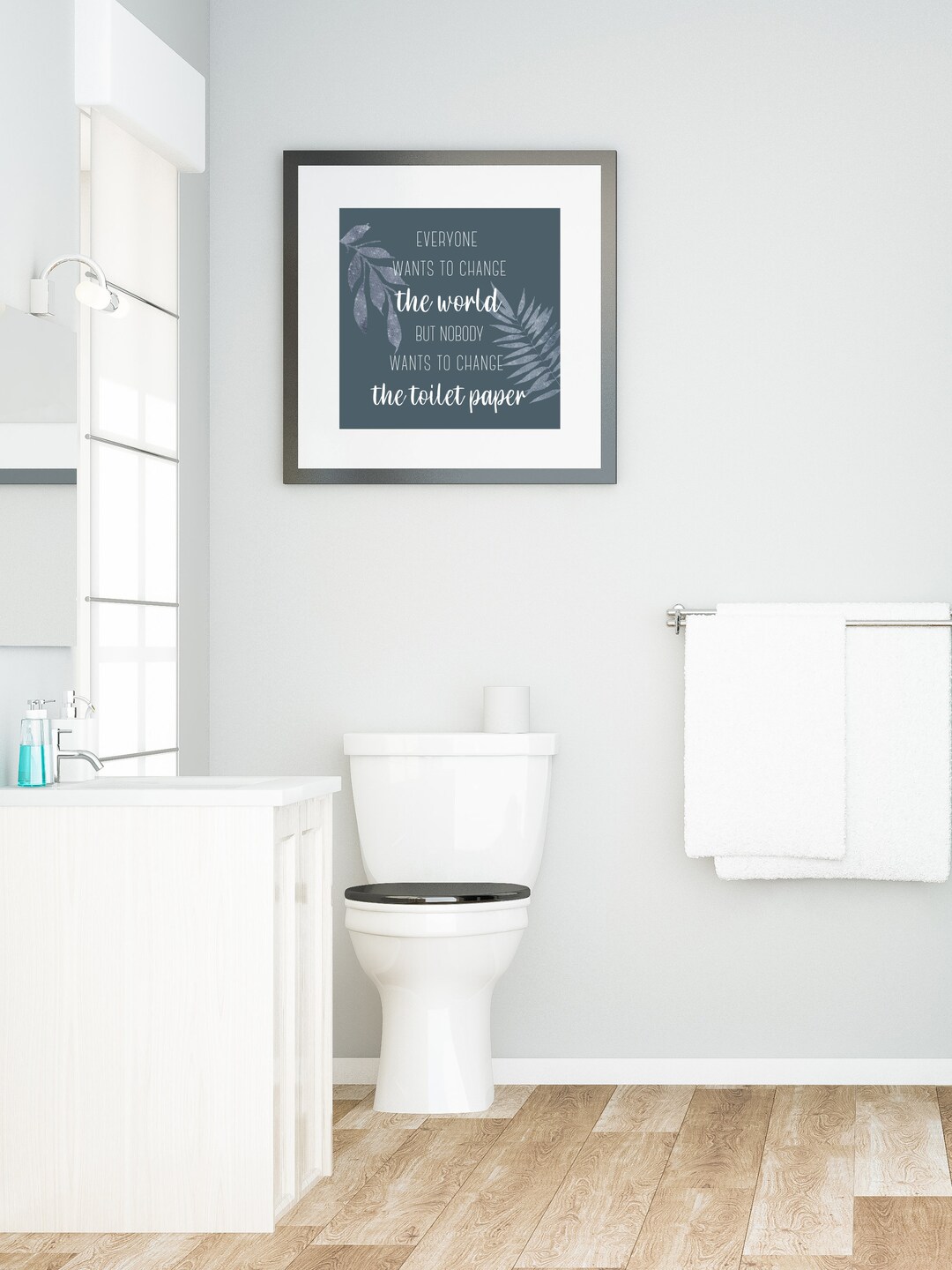 BLUE WALL Bathroom Art Navy Blue Bathroom Print Funny Flower Print