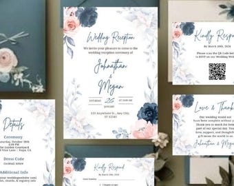 Blush Pink & Navy Floral Wedding Invitation Set: Editable Watercolor Suite (Digital Download)