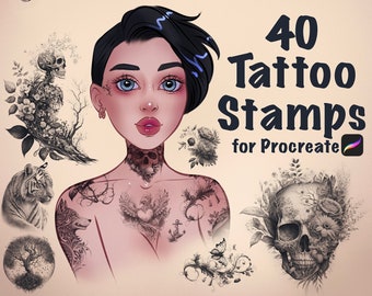 Puede incluir: Una ilustración digital de una mujer con tatuajes en los brazos, el cuello y el pecho. Los tatuajes son de color gris oscuro y presentan cráneos, flores y otros diseños. El texto "40 Tattoo Stamps for Procreate" está escrito en negro en la parte superior de la imagen.