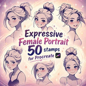 Procreate Portrait Stamps – 50 Cute Female Facial Expressions (Digital Download)