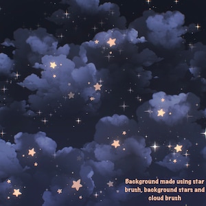 May include: A dark blue night sky with white clouds and gold stars. The background is made using a star brush, background stars and a cloud brush.