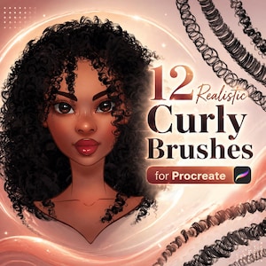 May include: Digital art featuring a woman with dark curly hair. The image includes the text "12 Realistic Curly Brushes for Procreate". The background has a soft, warm color palette with strands of curly hair.