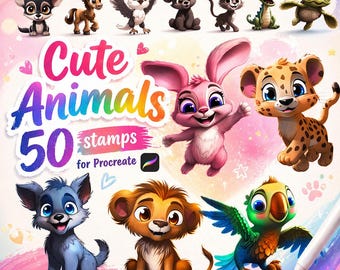 Schattige dierenstempels voor procreate – borstelset van 50 (digitale download)