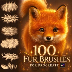 May include: An illustration of a cute orange fox with large eyes, accompanied by examples of fur brushes. The text reads "100 Fur Brushes for Procreate."