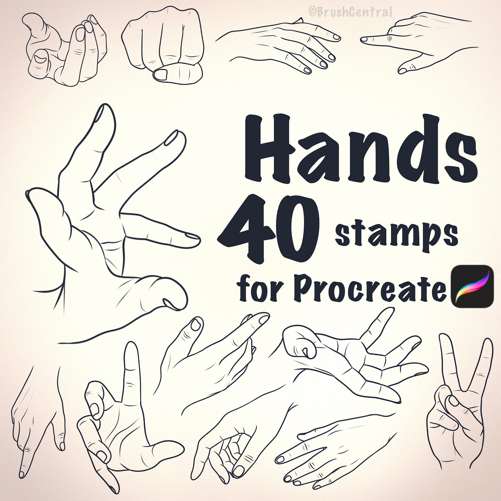 Pinceles de sello de manos para Procreate – 40 referencias de poses de mano derecha