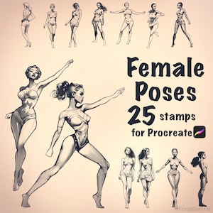 Może przedstawiać: Zestaw 25 cyfrowych znaczków przedstawiających kobiece pozy do Procreate. Znaki to czarno-białe rysunki kobiet w różnych pozach.
