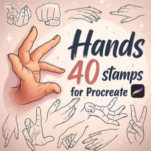 May include: Digital art stamps featuring various hand poses, including open palms, fists, and gestures. The image includes the text "Hands 40 stamps for Procreate" and the Procreate app logo. The background is a soft pink with star accents.