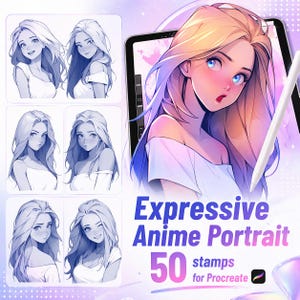 Op de afbeelding: Digitaal kunstproduct met portretten in anime-stijl. De afbeelding toont een tablet met een digitale tekening en een stylus. De tekst luidt "Expressive Anime Portrait" en "50 stamps for Procreate."