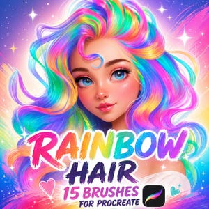 Op de afbeelding: Digitale kunst van een vrouw met levendig regenboogkleurig haar. De afbeelding bevat de tekst "RAINBOW HAIR" en "15 BRUSHES FOR PROCREATE" met een Procreate app-icoon. Het kleurenpalet omvat roze, blauw, groen en geel.