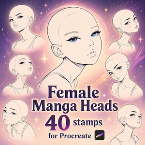 Könnte beinhalten: Digitale Kunst mit mehreren weiblichen Manga-Kopfskizzen mit verschiedenen Ausdrücken. Das Bild enthält den Text "Female Manga Heads 40 stamps for Procreate". Das Kunstwerk hat einen lila und goldenen Hintergrund mit Sternakzenten.