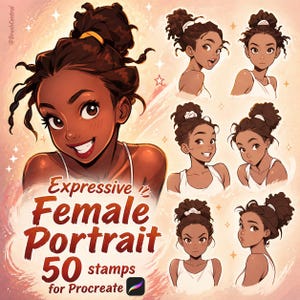 Può includere: Illustrazione digitale di un ritratto femminile di cartone animato sorridente, con pelle scura e capelli castani raccolti in uno chignon. Include il testo "Expressive Female Portrait 50 stamps for Procreate."