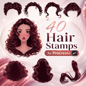 May include: An illustration featuring various hairstyles, including curly and wavy options, with a central image of a woman with long, curly hair. The text "40 Hair Stamps for Procreate" is displayed prominently, indicating digital art assets.
