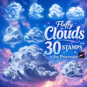 Pode incluir: Imagem de arte digital com nove carimbos de nuvens fofas em várias formas, em um fundo de céu azul. O texto "Fluffy Clouds 30 Stamps for Procreate" é exibido em uma fonte estilizada.