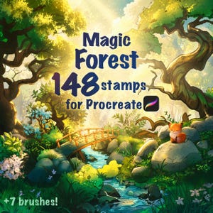 Può includere: Set di arte digitale intitolato "Magic Forest" con 148 timbri e 7 pennelli per Procreate. L'immagine presenta una vivace scena forestale con un ponte su un ruscello, una volpe e una vegetazione lussureggiante.