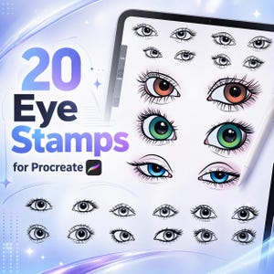 May include: Digital art illustration of a tablet screen displaying 20 eye stamps for Procreate. The eye stamps include various styles and colors, such as brown, green, and blue. The text "20 Eye Stamps for Procreate" is displayed in the image.