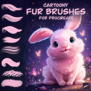 May include: A digital illustration featuring a fluffy pink bunny with large blue eyes and a smiling expression. The text "CARTOONY FUR BRUSHES FOR PROCREATE" is displayed above the bunny, with examples of fur brush strokes on the left.