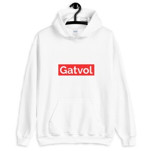 May include: White hoodie with a red box that says "Gatvol" on it.